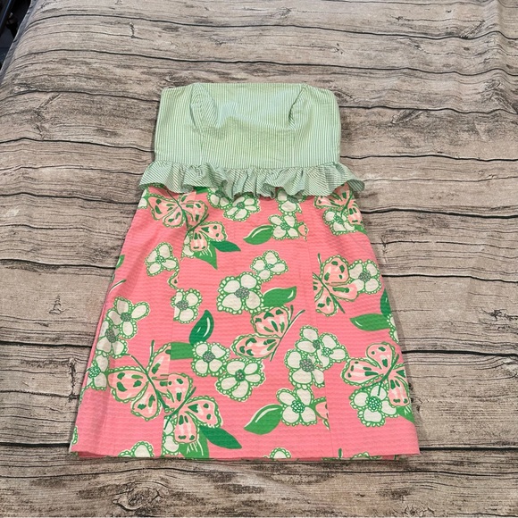Lilly Pulitzer Cotton Strapless Dress With mixed Prints in Green & Pink Size 2 - Picture 1 of 13